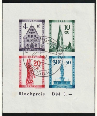 Frimærker Tyskland | Fransk Zone, Baden | 1949 - AFA 38 - Miniark UTAKKET - Pænt Stemplet